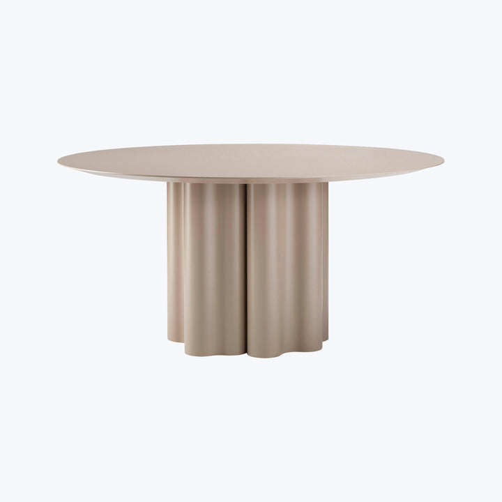 Unique round table with pleated base, minimalist design in cream.
