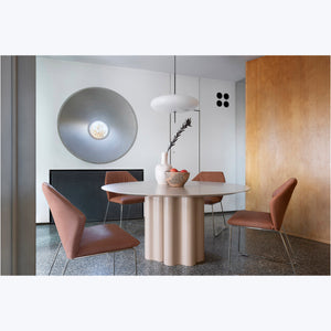 Unique round table with pleated base, minimalist design in cream. - hover