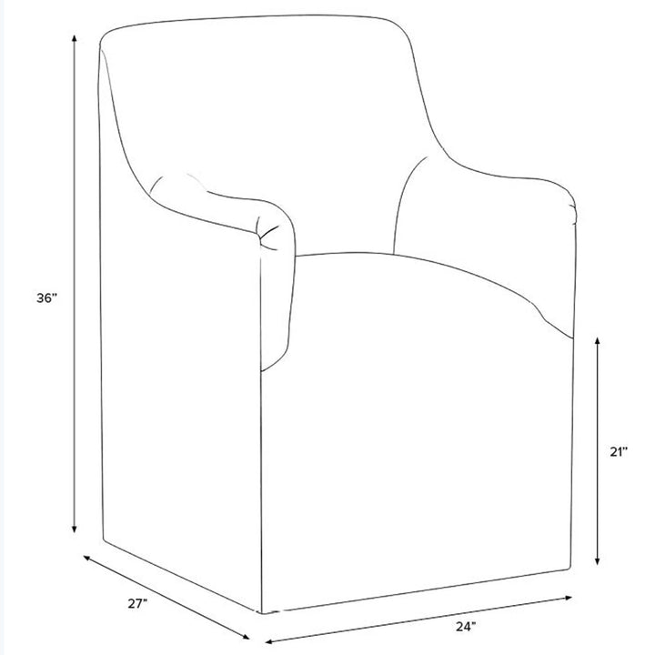 Simplified line drawing of chair with measurements, 36x27x21 inches dimensions.