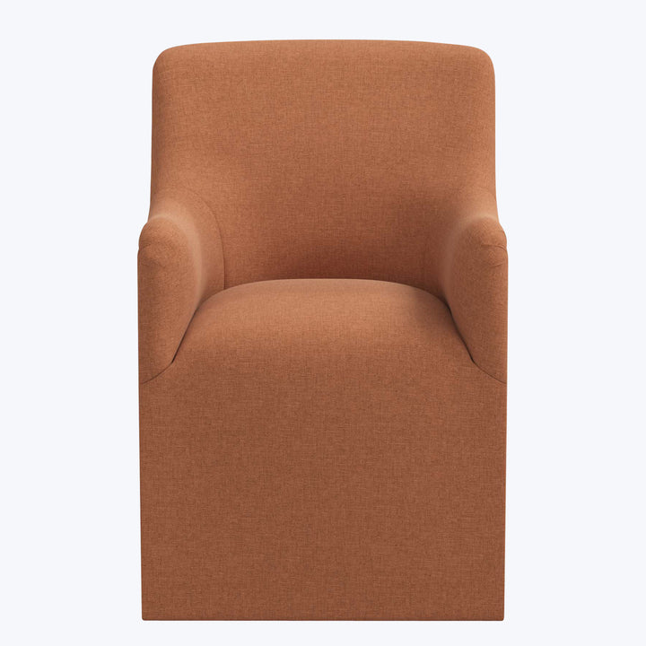 Modern brown upholstered armchair with simple design, cushioned back, comfortable seat.