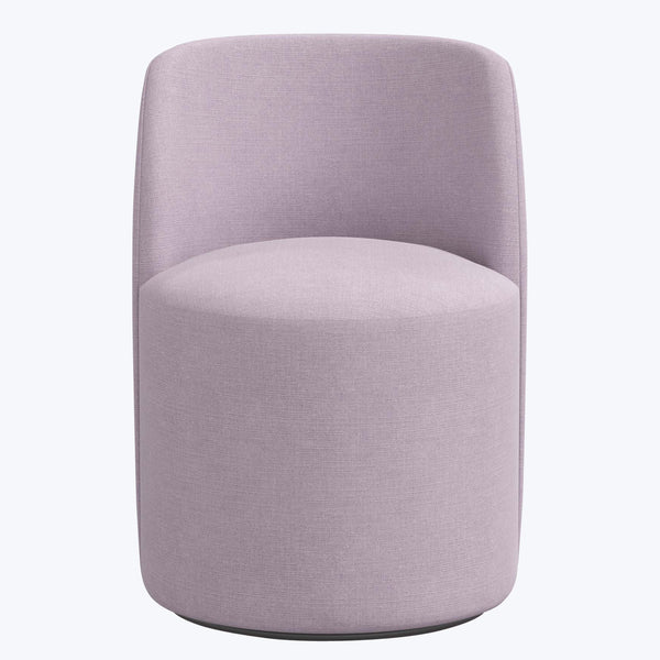 Modern barrel chair in light purple fabric with sleek design.