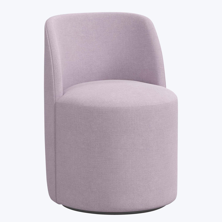 Modern armchair with clean lines and light purple upholstery fabric.