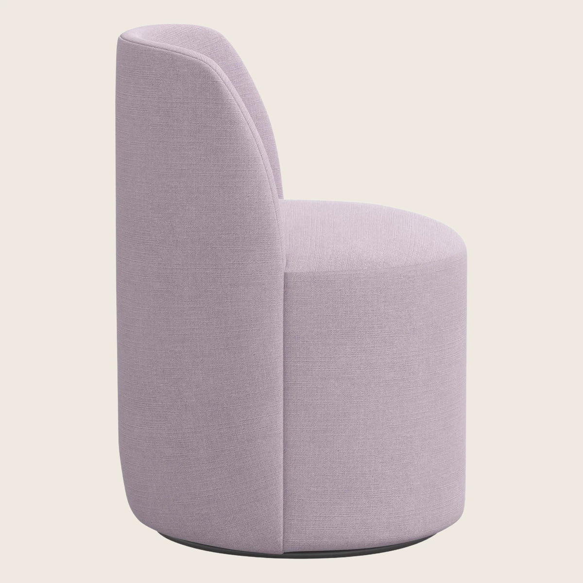 Lilac upholstered swivel dining chair on a plain background.