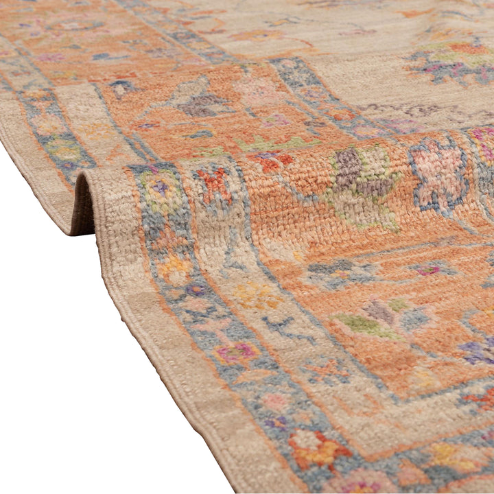 Cream and Orange Oushak Angora Wool Rug - 8' x 10'1"