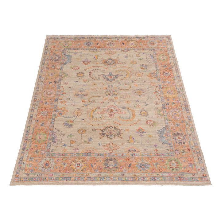 Cream and Orange Oushak Angora Wool Rug - 8' x 10'1"