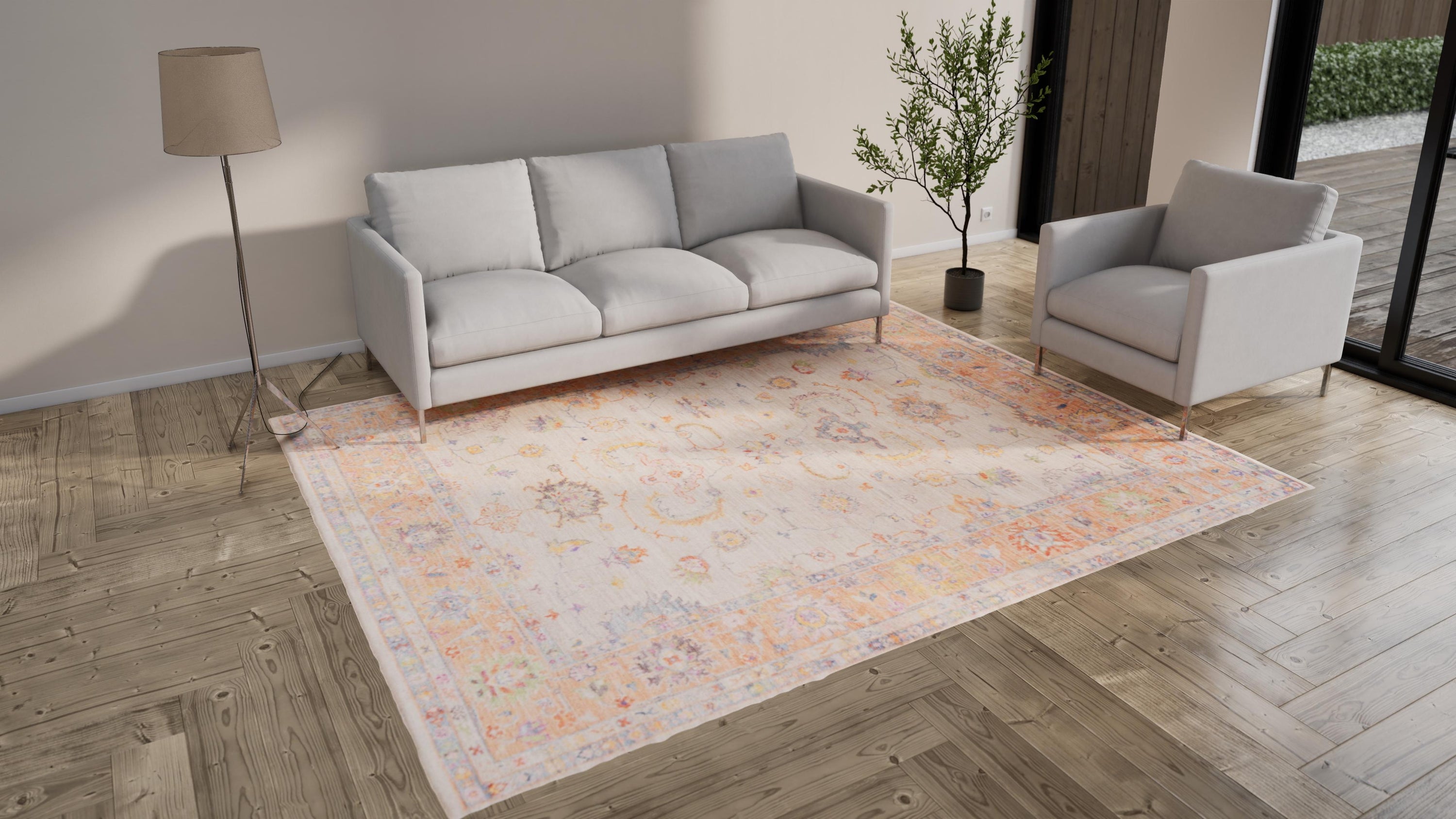 Cream and Orange Oushak Angora Wool Rug - 8' x 10'1"