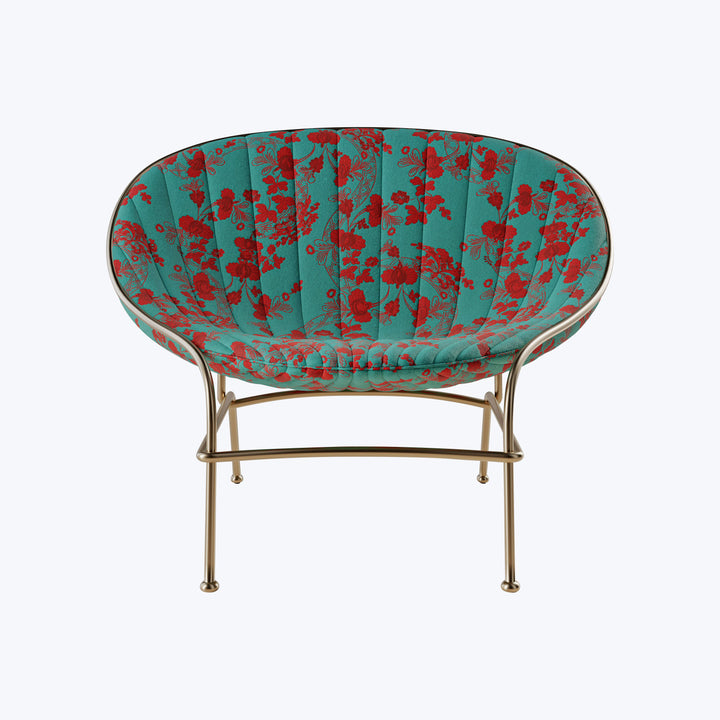 Stylish chair with floral upholstery and gold metal frame design.