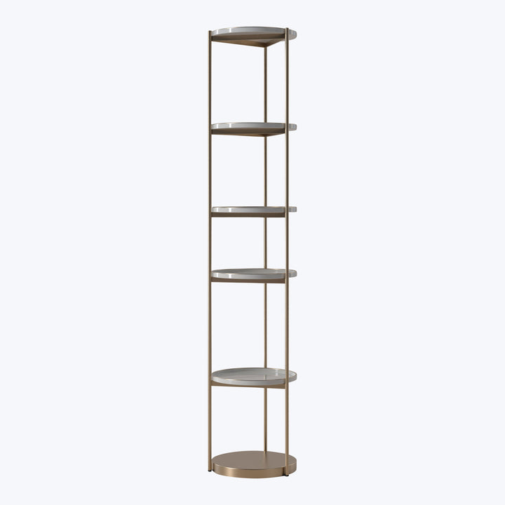 Sleek, modern corner shelving unit with metallic minimalist design.