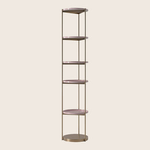 Sleek metallic shelf unit with minimalist design and five circular shelves. - hover