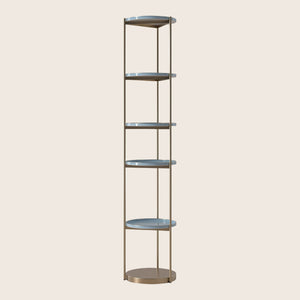 Sleek metallic shelf unit with minimalist design and five circular shelves.