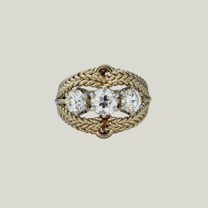 Textured 18K Yellow Gold 3-Stone Diamond Ring