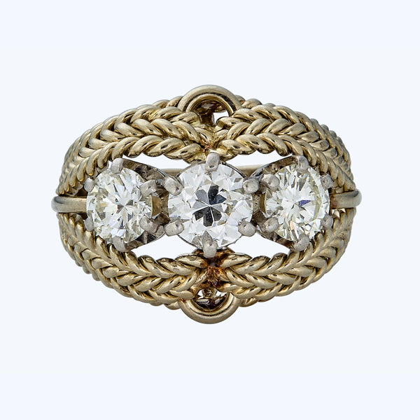 Textured 18K yellow gold, 3-stone diamond ring