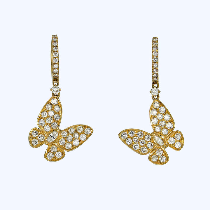 18K yellow gold diamond butterfly dangle earrings