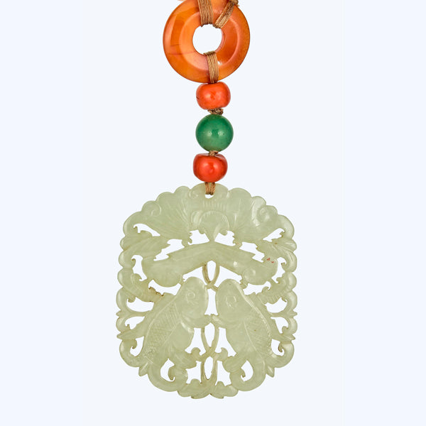 Jade and Coral Bead Pendant Necklace