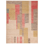Modern abstract design rug in cream, gray, and red tones.