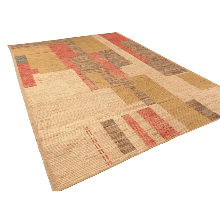 Contemporary geometric pattern flatwoven rug in muted beige and red