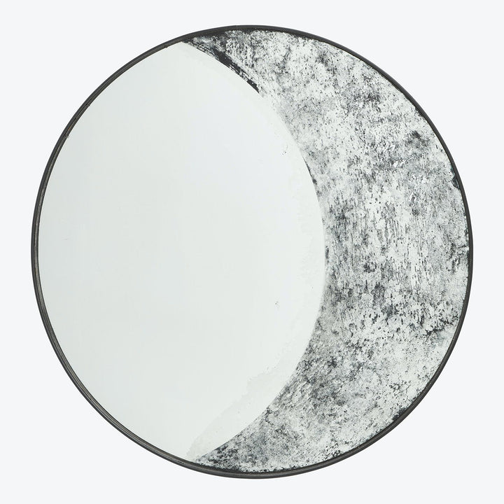 Circular plate with white and textured gray/black design, framed border.