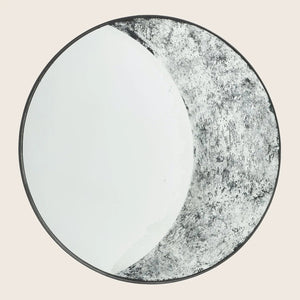 Circular plate with white and textured gray/black design, framed border.