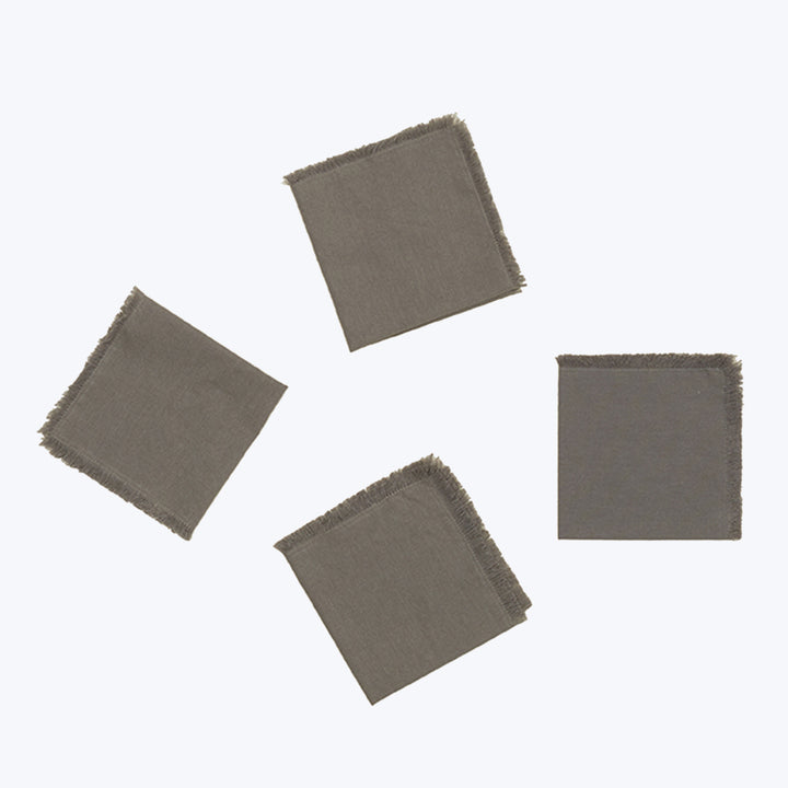 Five gray fabric swatches with woven texture and frayed edges