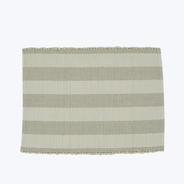 Beige striped fabric with textured weave and scalloped edge detail.