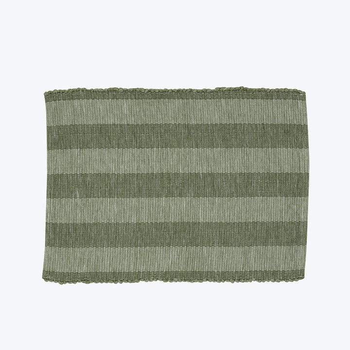 Rectangular green striped textile with fringe border on neutral background.