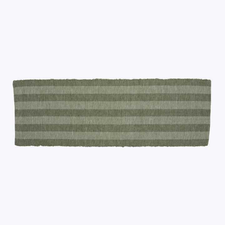 Green striped towel with textured ribbed design and stitched hem.