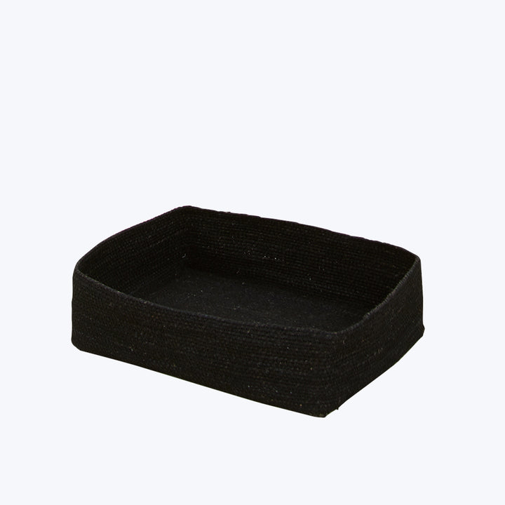 Stylish black fabric storage box with textured woven pattern.