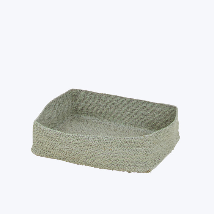 Rectangular woven basket with mesh pattern on white background.