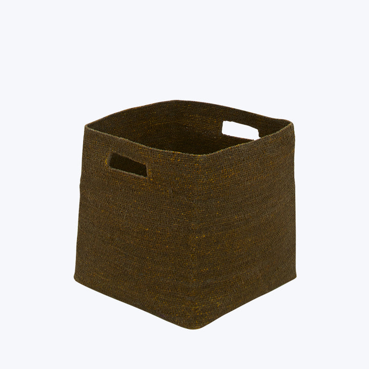 Square woven basket in dark brown with textured fabric material.