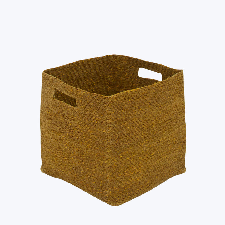 Brown fabric storage bin with woven texture and cut-out handles.