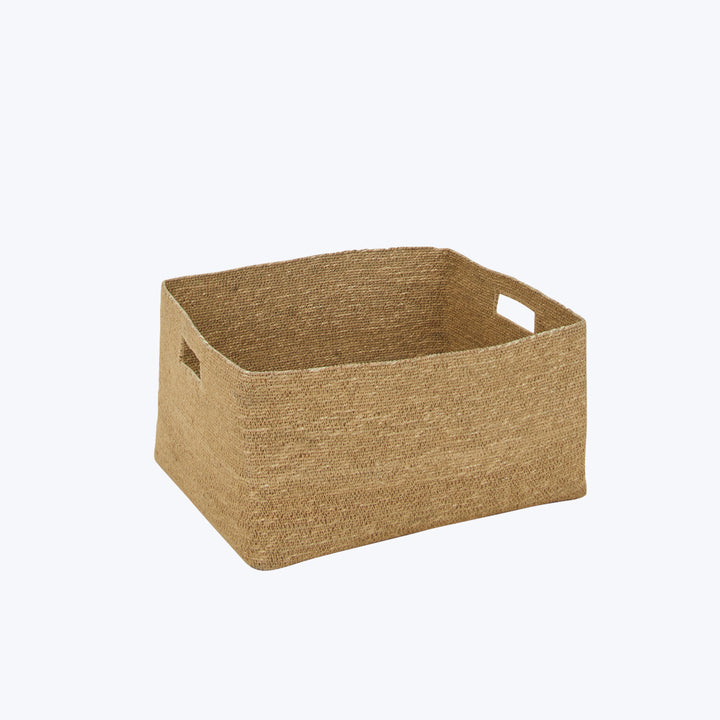 Rectangular jute basket with cut-out handles for easy carrying.