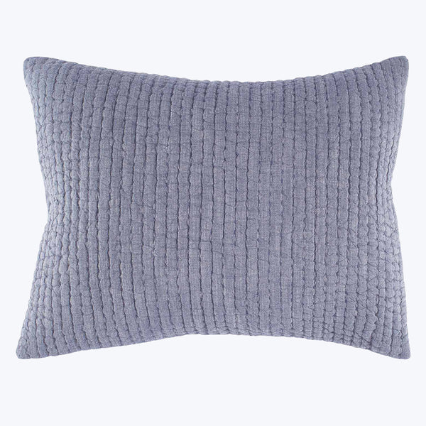 Square lavender pillow with textured fabric in knitted ribbed pattern.