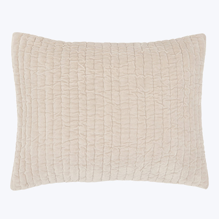 Neutral beige textured rectangular pillow against white background, simple decor.