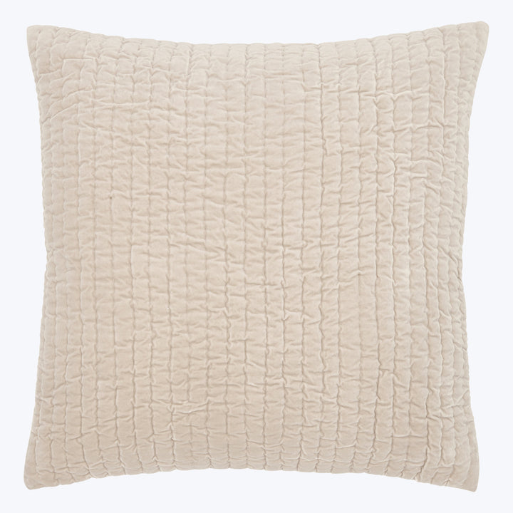Neutral beige square pillow with crinkled texture on white background.
