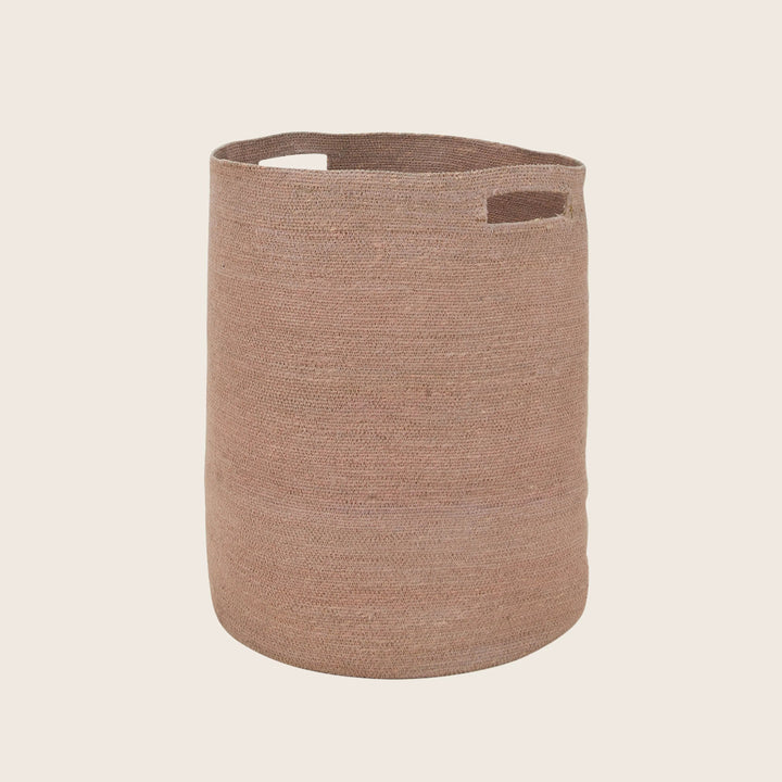 Brown jute fabric storage basket with cut-out handles, textured surface.