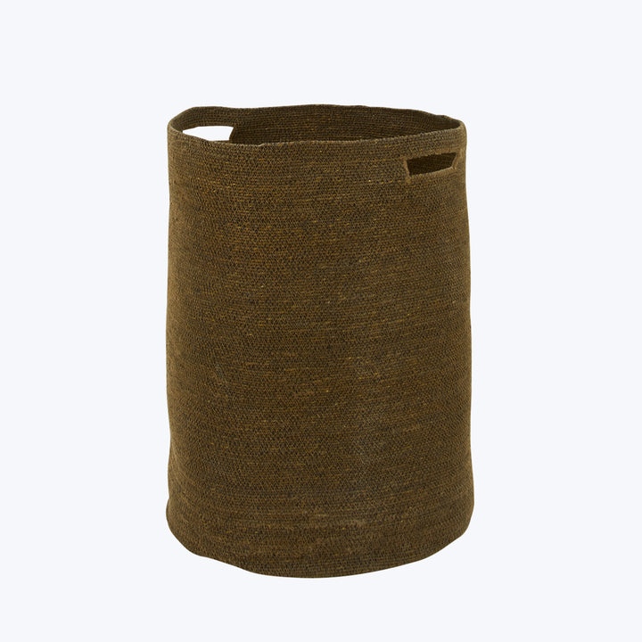 Brown fabric cylindrical basket with cut-out handles on sides.