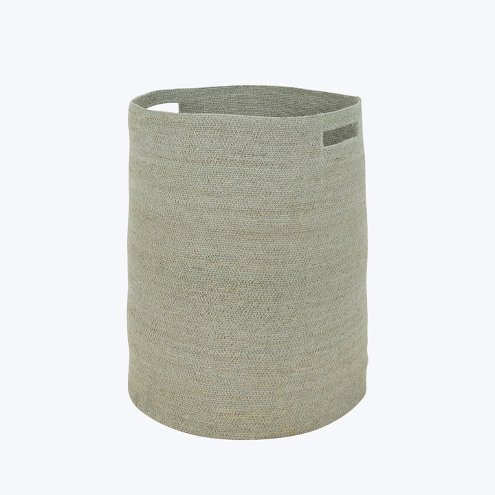 Neutral fabric storage basket with handle, speckled pattern, flexible structure.