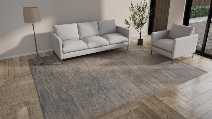 Blue Zameen Solid Modern Wool Rug - 9'6" x 11'10"