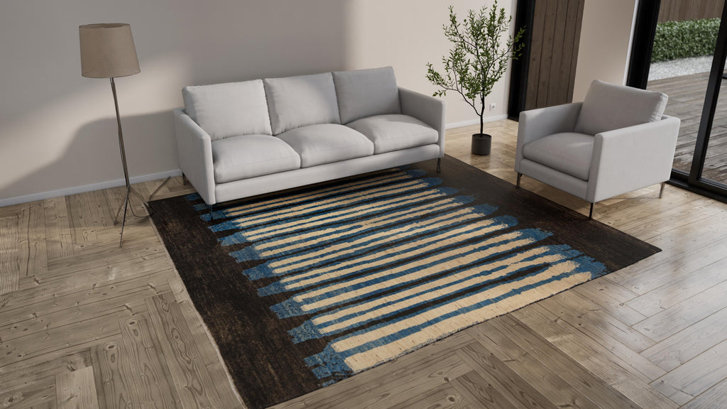 Blue & Black Zameen Modern Wool Rug - 8'7" x 9'7"