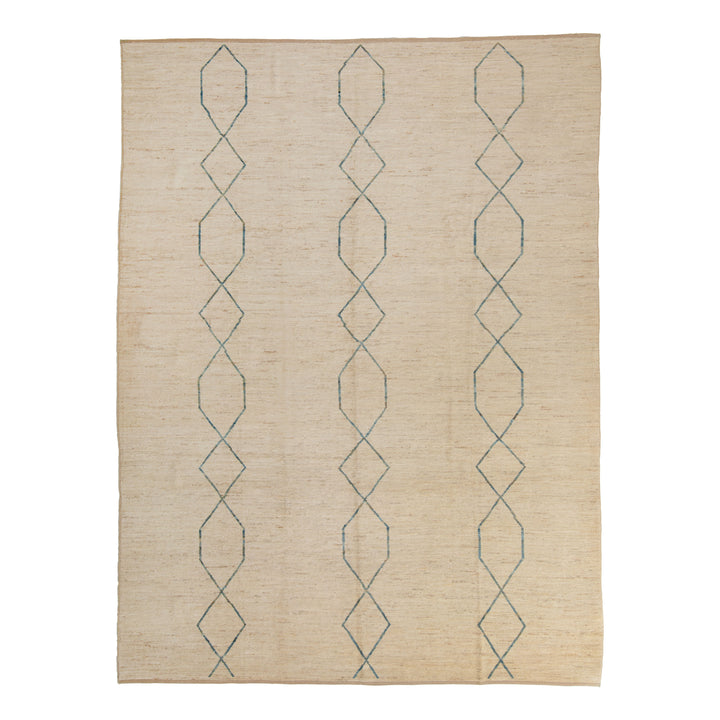 Modern neutral rug with geometric diamond pattern in blue-gray.