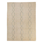 Modern neutral rug with geometric diamond pattern in blue-gray.