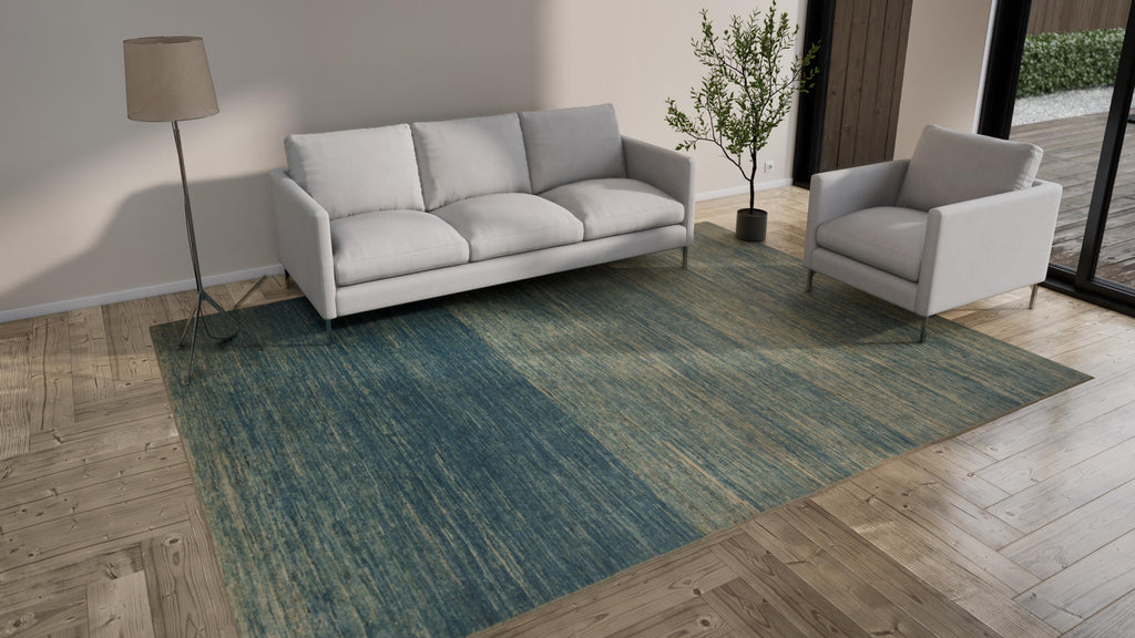 Blue Solid Zameen Modern Wool Rug - 9'1" x 11'10"