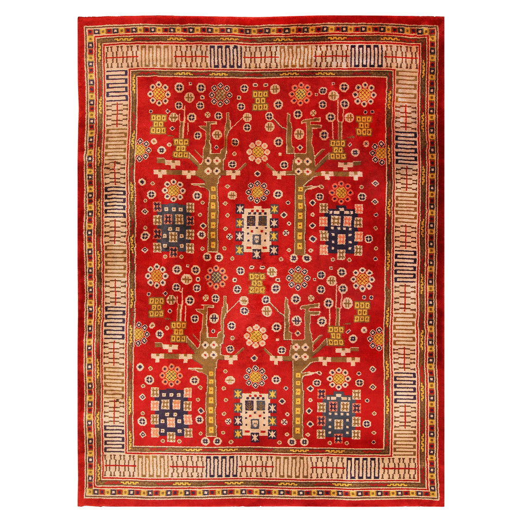 Exquisite hand-woven rug with vibrant red field and intricate patterns.