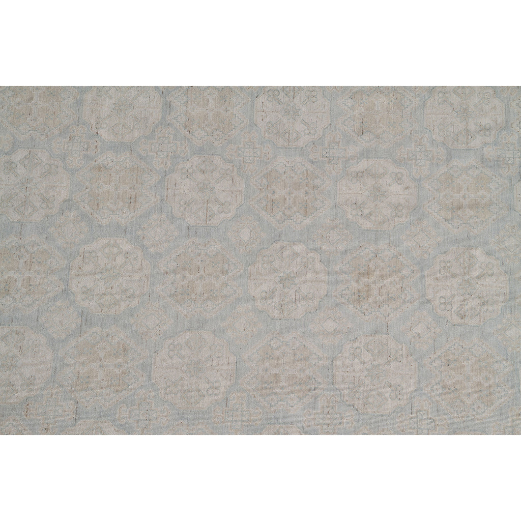 Symmetrical octagonal pattern with intricate motifs in neutral color palette.