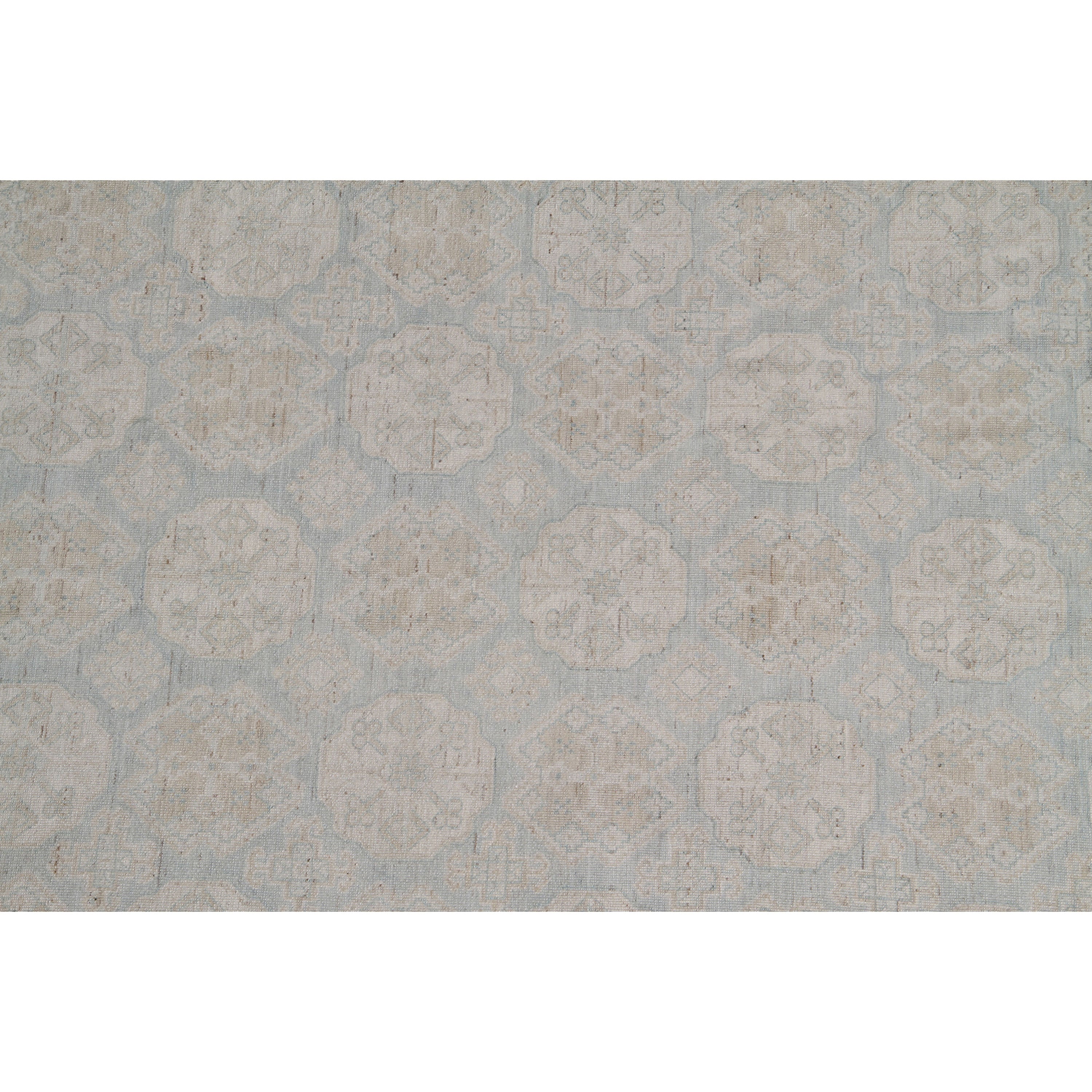 Symmetrical octagonal pattern with intricate motifs in neutral color palette.