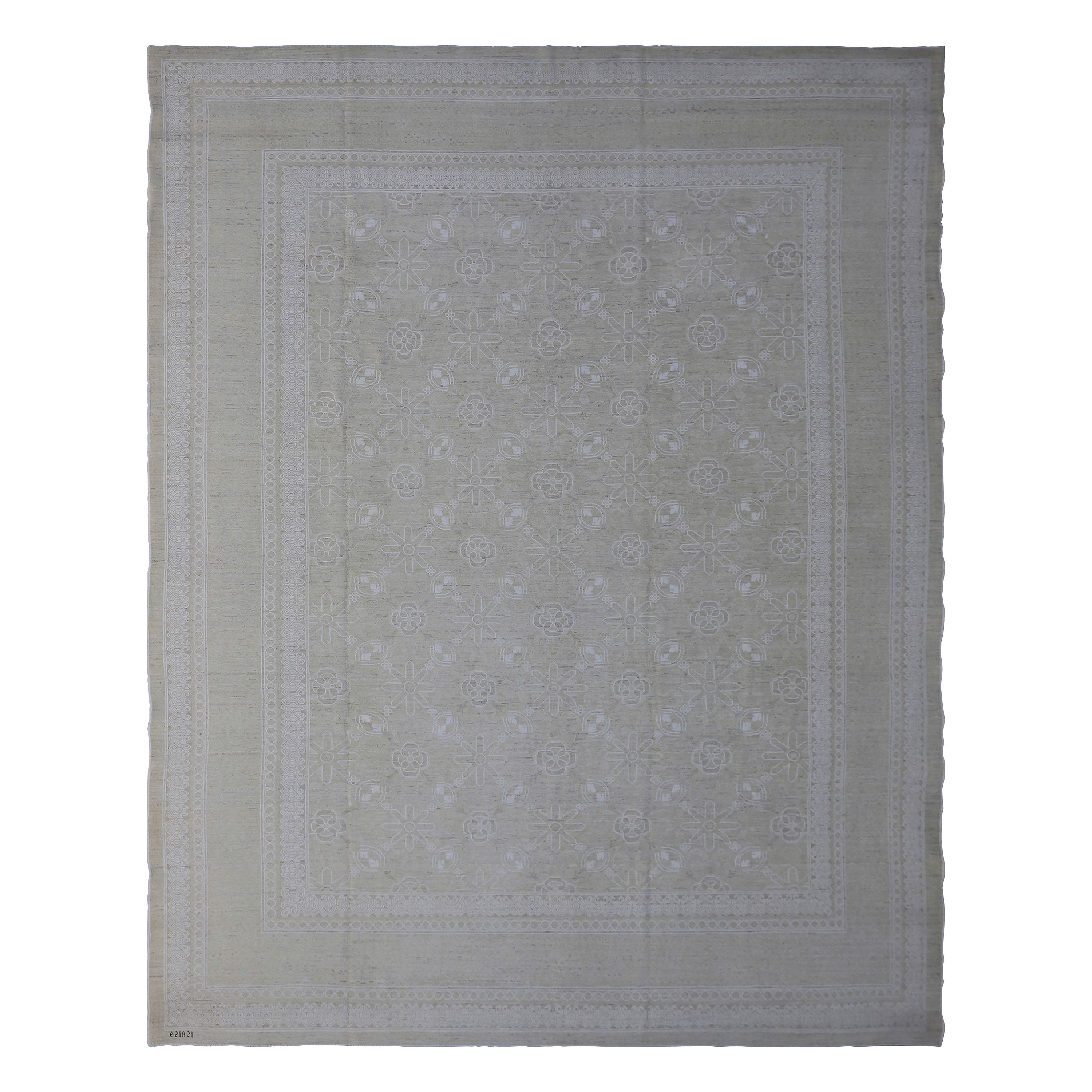 Intricately designed rug with symmetrical pattern and floral motifs