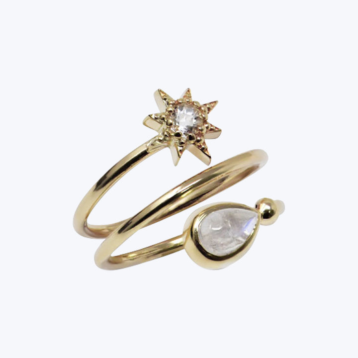 Aztec Moonstone Wrap Ring, 14k Yellow Gold