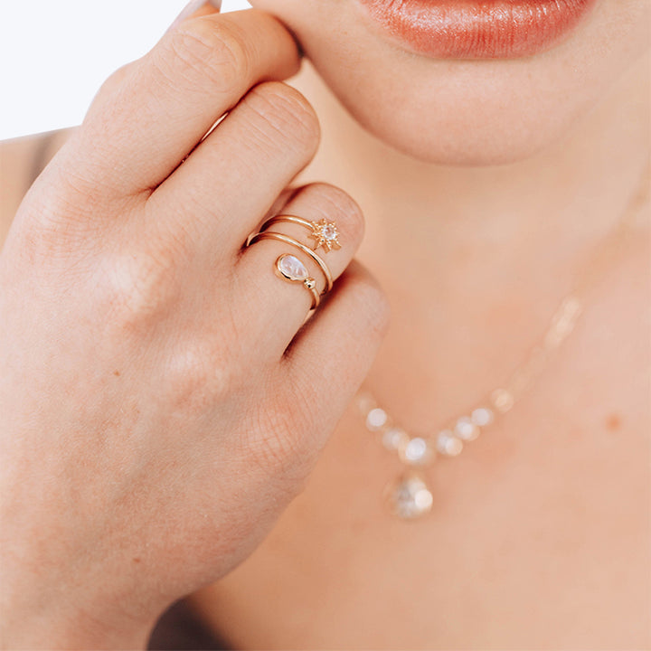 Aztec Moonstone Wrap Ring, 14k Yellow Gold