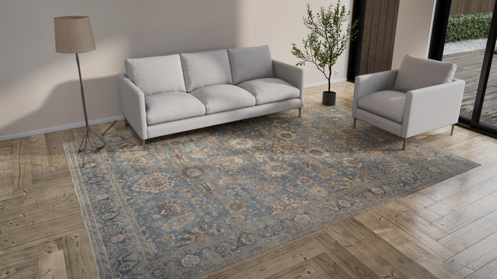 Blue Sabideh Distressed Traditional Wool Rug - 9' x 12'