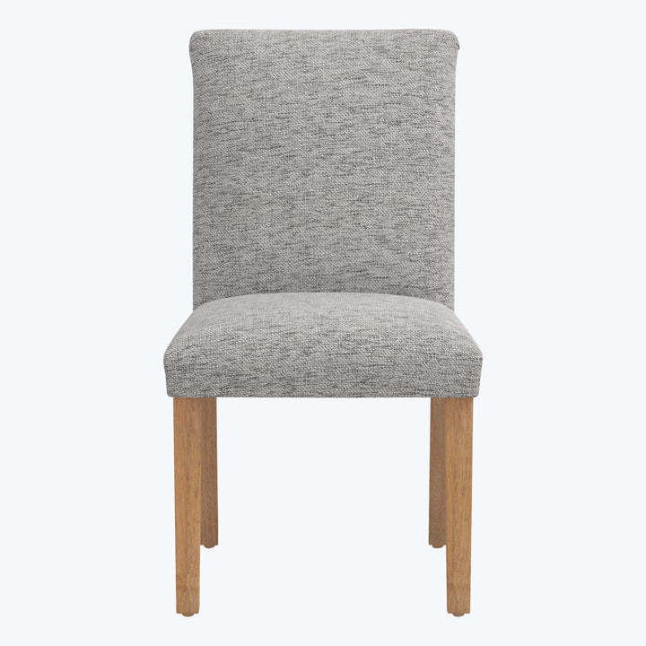 Modern dining chair with gray upholstery and wooden legs design
